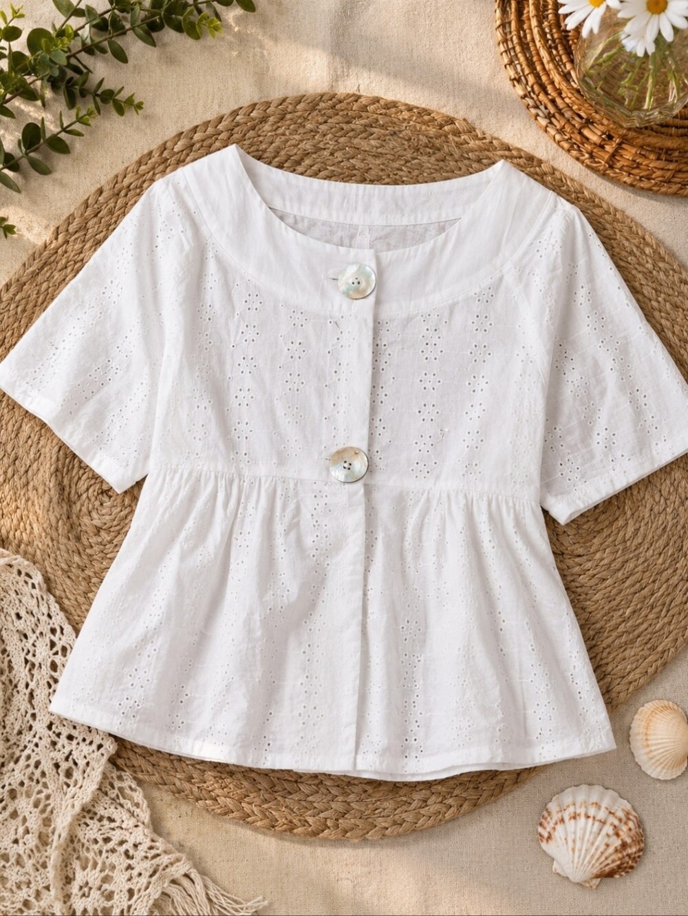Essentials by Milano / White Eyelet Jacket w/ Abalone Shell Buttons •  M